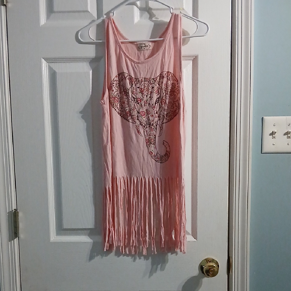 Y2K NWOT, Pink Elephant Graphic Fringe Tank Top